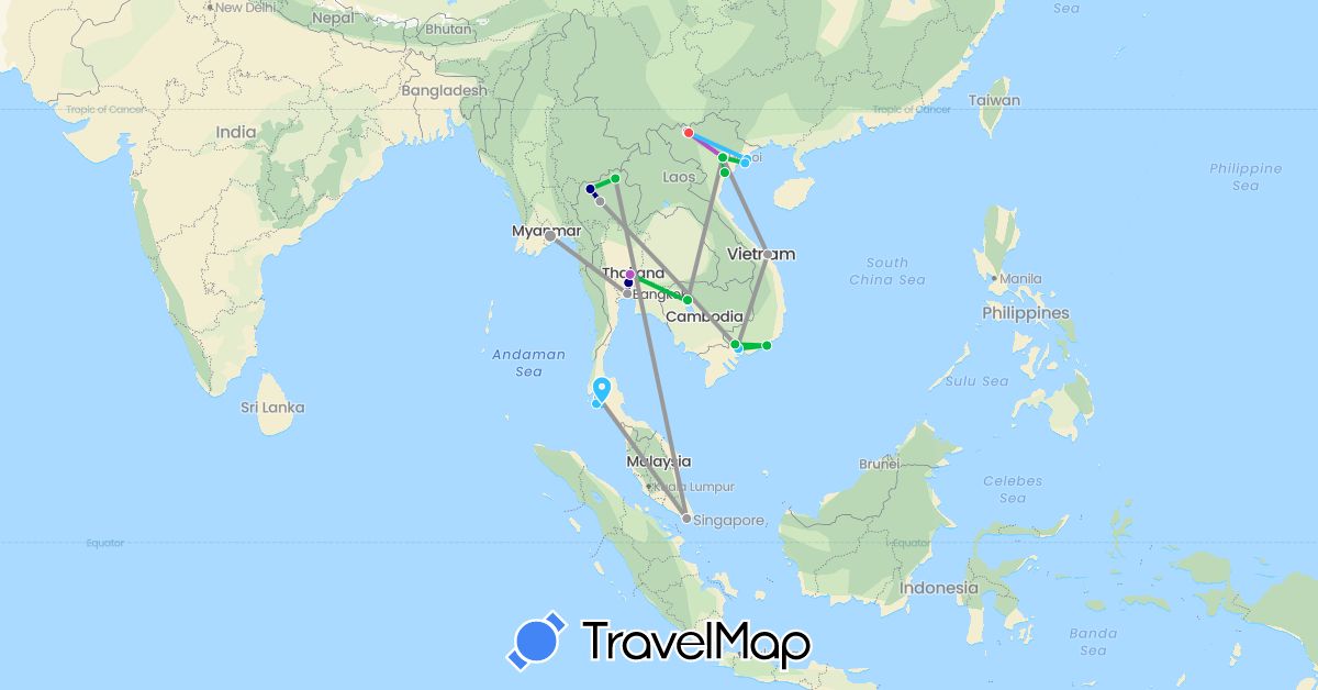 TravelMap itinerary: driving, bus, plane, train, hiking, boat in Cambodia, Myanmar (Burma), Singapore, Thailand, Vietnam (Asia)